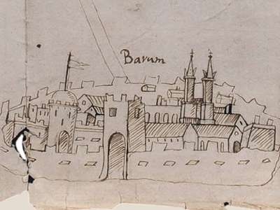 In basso ecco una veduta di Bari. La citt� viene raffigurata interamente cinta da alte mura fortificate, con al centro Porta Vecchia, l�unica esistente a quel tempo. L'accesso � affiancato a sinistra da un torrione del Castello e a destra dalla Cattedrale dotata ancora del secondo campanile che croll� nel 1613 